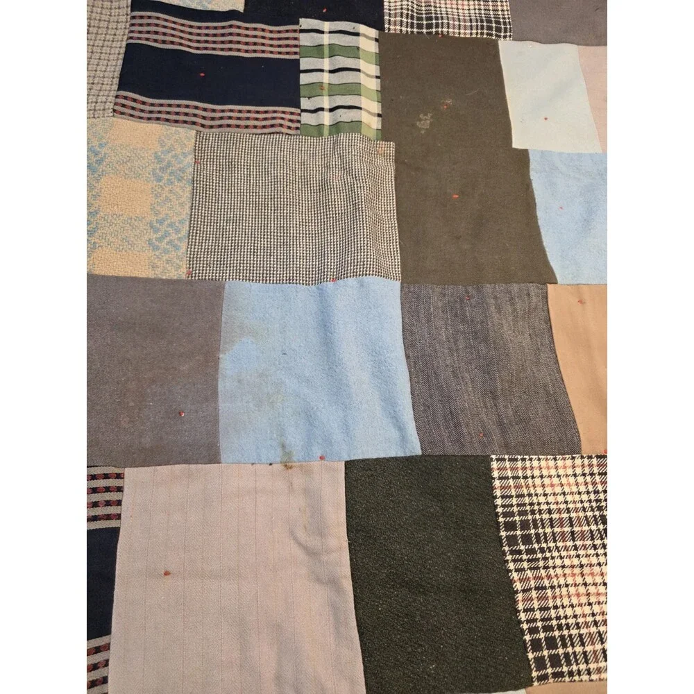 Vintage Handmade Wool Tied Patchwork Quilt 64x84 Plaid Houndstooth Suiting